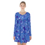 Cornflower Blue Floral Print Long Sleeve Velvet V-neck Dress
