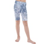 Faded Blue White Floral Print Kids  Mid Length Swim Shorts