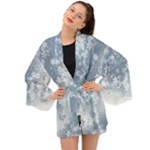 Faded Blue White Floral Print Long Sleeve Kimono
