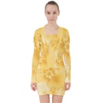 Saffron Yellow Floral Print V-neck Bodycon Long Sleeve Dress
