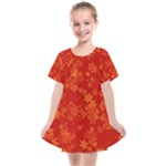 Orange Red Floral Print Kids  Smock Dress