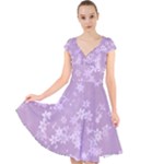 Lavender and White Flowers Cap Sleeve Front Wrap Midi Dress