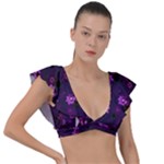 Purple Flowers Plunge Frill Sleeve Bikini Top
