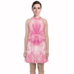 Pink Floral Pattern Velvet Halter Neckline Dress 