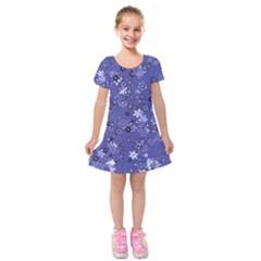 Slate Blue With White Flowers Kids  Short Sleeve Velvet Dress from ArtsNow.com