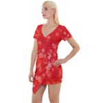 Red and White Flowers Short Sleeve Asymmetric Mini Dress