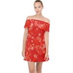 Red and White Flowers Off Shoulder Chiffon Dress