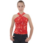 Red and White Flowers Cross Neck Velour Top