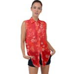 Red and White Flowers Sleeveless Chiffon Button Shirt