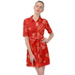 Red and White Flowers Belted Shirt Dress