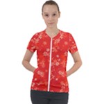 Red and White Flowers Short Sleeve Zip Up Jacket