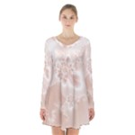 Tan White Floral Print Long Sleeve Velvet V-neck Dress