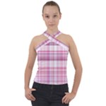 Pink Madras Plaid Cross Neck Velour Top