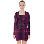 Pink Black Punk Plaid V-neck Bodycon Long Sleeve Dress