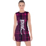 Pink Black Punk Plaid Lace Up Front Bodycon Dress