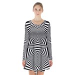 Black and White Stripes Long Sleeve Velvet V-neck Dress