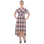 Retro Pink And Grey Pattern Front Wrap High Low Dress