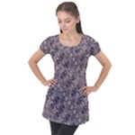 Violet Textured Mosaic Ornate Print Puff Sleeve Tunic Top
