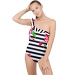 Black And White Stripes Frilly One Shoulder Swimsuit