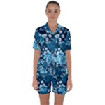 Blue Floral Print  Satin Short Sleeve Pyjamas Set