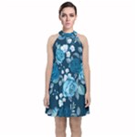 Blue Floral Print  Velvet Halter Neckline Dress 