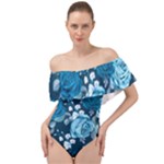 Blue Floral Print  Off Shoulder Velour Bodysuit 