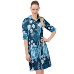 Blue Floral Print  Long Sleeve Mini Shirt Dress