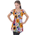 Watercolor Print Floral Design Puff Sleeve Tunic Top