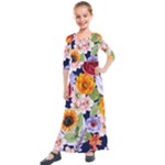Watercolor Print Floral Design Kids  Quarter Sleeve Maxi Dress