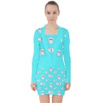 Azure blue and Crazy kitties pattern, cute kittens, cartoon cats theme V-neck Bodycon Long Sleeve Dress