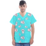 Azure blue and Crazy kitties pattern, cute kittens, cartoon cats theme Men s V-Neck Scrub Top