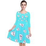 Azure blue and Crazy kitties pattern, cute kittens, cartoon cats theme Quarter Sleeve Waist Band Dress