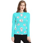 Azure blue and Crazy kitties pattern, cute kittens, cartoon cats theme Women s Long Sleeve Rash Guard