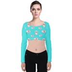 Azure blue and Crazy kitties pattern, cute kittens, cartoon cats theme Velvet Long Sleeve Crop Top