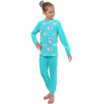 Azure blue and Crazy kitties pattern, cute kittens, cartoon cats theme Kids  Long Sleeve Set 