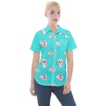 Azure blue and Crazy kitties pattern, cute kittens, cartoon cats theme Women s Short Sleeve Pocket Shirt