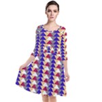 Colorful triangles pattern, retro style theme, geometrical tiles, blocks Quarter Sleeve Waist Band Dress