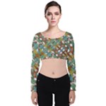 Multicolored Collage Print Pattern Mosaic Velvet Long Sleeve Crop Top