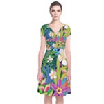 Colorful Floral Pattern Short Sleeve Front Wrap Dress