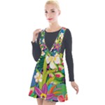Colorful Floral Pattern Plunge Pinafore Velour Dress