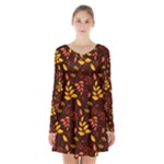 Yellow Green Orange Leaf Pattern Long Sleeve Velvet V-neck Dress