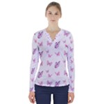 Pink Purple Butterfly V-Neck Long Sleeve Top