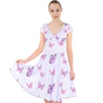 Pink Purple Butterfly Cap Sleeve Front Wrap Midi Dress