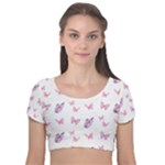 Pink Purple Butterfly Velvet Short Sleeve Crop Top 