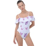 Pink Purple Butterfly Frill Detail One Piece Swimsuit