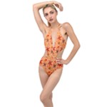 Orange Brown Leaves Plunging Cut Out Swimsuit