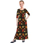 Golden Orange Leaves Kids  Quarter Sleeve Maxi Dress