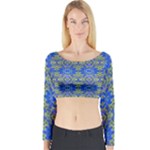 Gold And Blue Fancy Ornate Pattern Long Sleeve Crop Top
