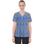 Gold And Blue Fancy Ornate Pattern Women s V-Neck Scrub Top