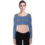 Gold And Blue Fancy Ornate Pattern Velvet Long Sleeve Crop Top